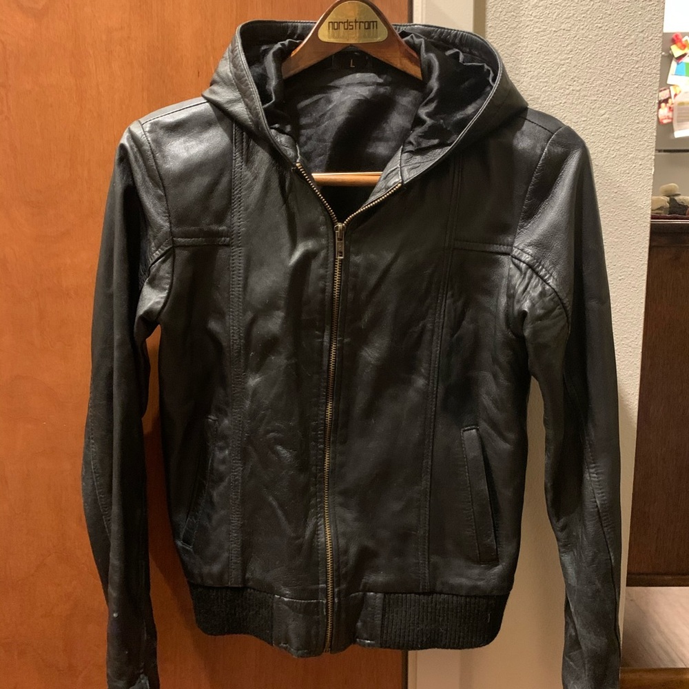 Vintage leather jacket with hoodie